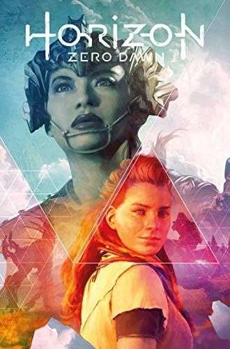 The front cover for Horizon Zero Dawn The Sunhawk. In the foreground there is a picture of a red-haired woman called Aloy. She is looking over her shoulder out of the cover. Behind her is an outline of another woman looking up. Around the women are images from their world including machines and landscapes.
