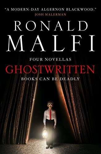 The front cover for Ghostwritten by Ronald Malfi. The image is of a young boy standing in the pages of an up turned book. The boy is wearing a white shirt and red tie with black trousers. He has a light in his right hand and is wearing a clown mask.