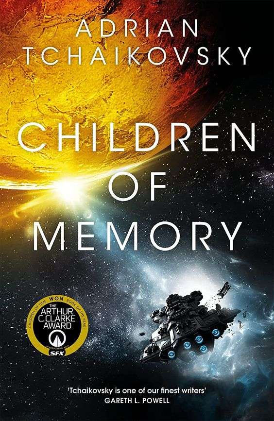 The front cover for Children of Memory by Adrian Tchaikovsky. There is a large yellow planet in the top left-hand side of the screen. A sun is just coming around the underside of the planet, lighting up an arc ship which is approaching the planet,